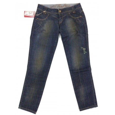 CLINK JEANS ANGE PANTALONI DONNA RICAMO BRILLANTINI BLU VITA BASSA TUBO TG 26
