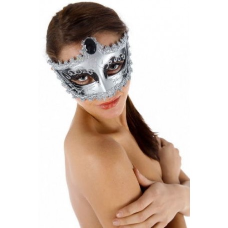 MASCHERA VENEZIANA SEX EROTICO RIGIDA SILVER BORDO IN PIZZO BURLESQUE