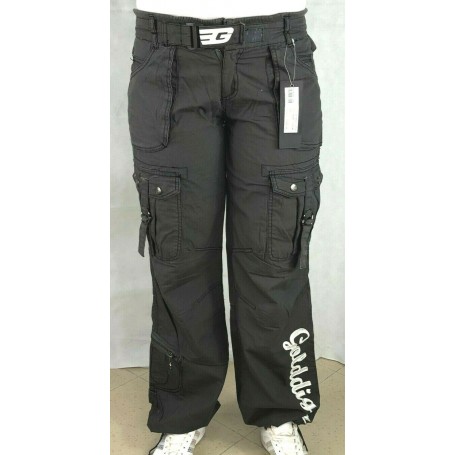 PANTALONE GOLDIGGA LEXICAN DONNA TASCHE CINTURA GRIGIO ESTIVO VITA BASSA CERNIERE L