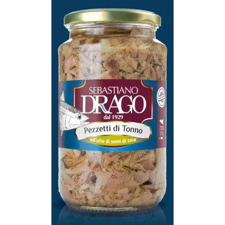 PEZZETTI DI TONNO DRAGO IN OLIO DI SEMI 1 BOCCE IN VETRO DA GR 300 CONSERVE