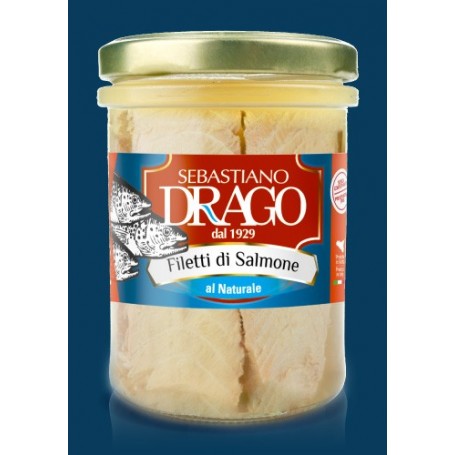 FILETTI DI SALMONE DRAGO AL NATURALE 1 BOCCE VETRO DA GR 200 CONSERVE