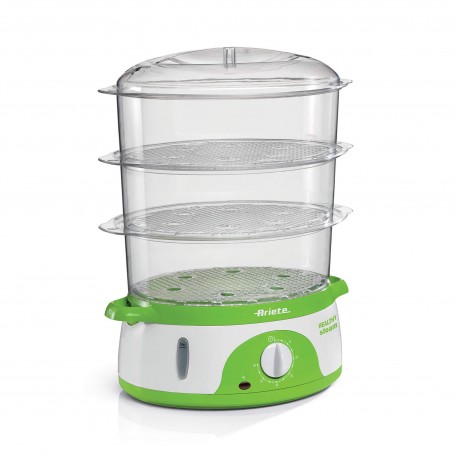 Ariete 911 Healthy Steam Vaporiera Elettrica 3 Cestelli Contenitore per riso Timer 60? 800 W 9 Litri Bianco e Verde