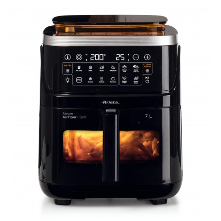 Ariete 4636 Friggitrice ad aria con funzione vapore+ Grill, essiccazione, 1700W 10 prog Cestello trasparente Luce interna Nero